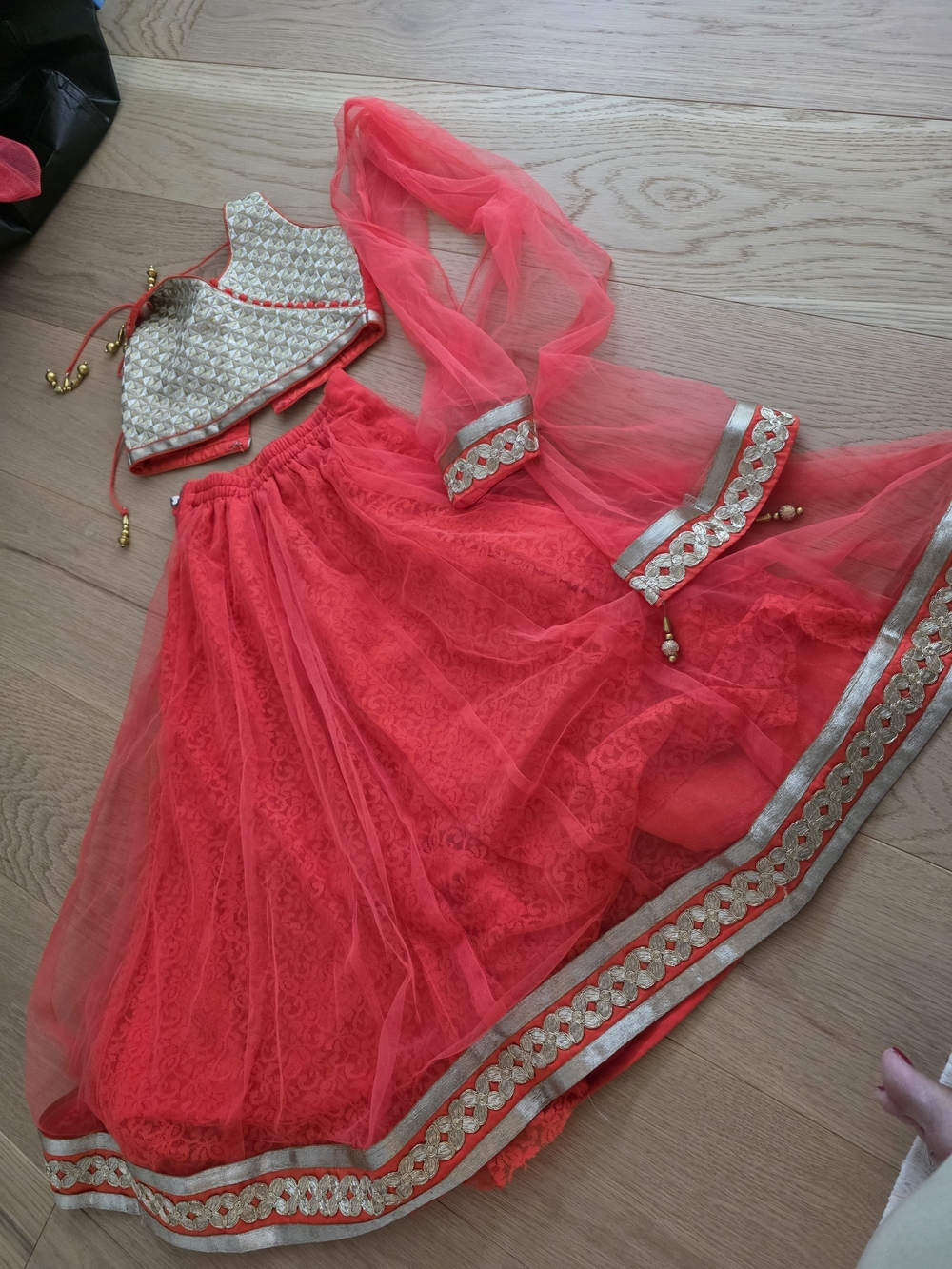Indian Girls Outfit Coral Red Lehenga Choli with Silver Embellished Blouse,3-5T
